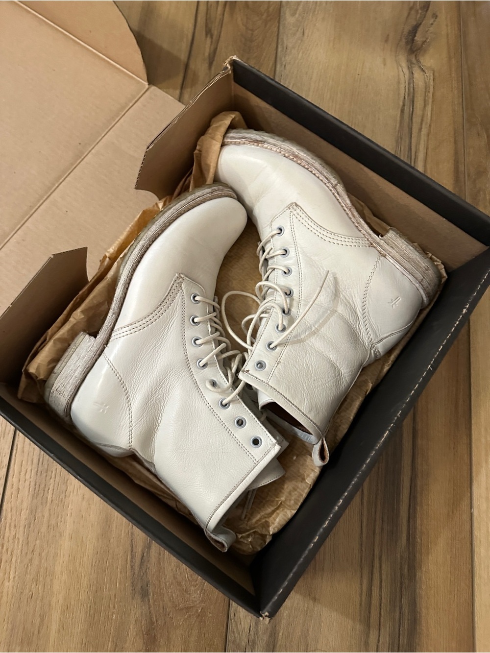 Frye White Leather Combat Boots